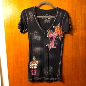 Dark Blue Affliction Sinful V-neck shirt -Size medium